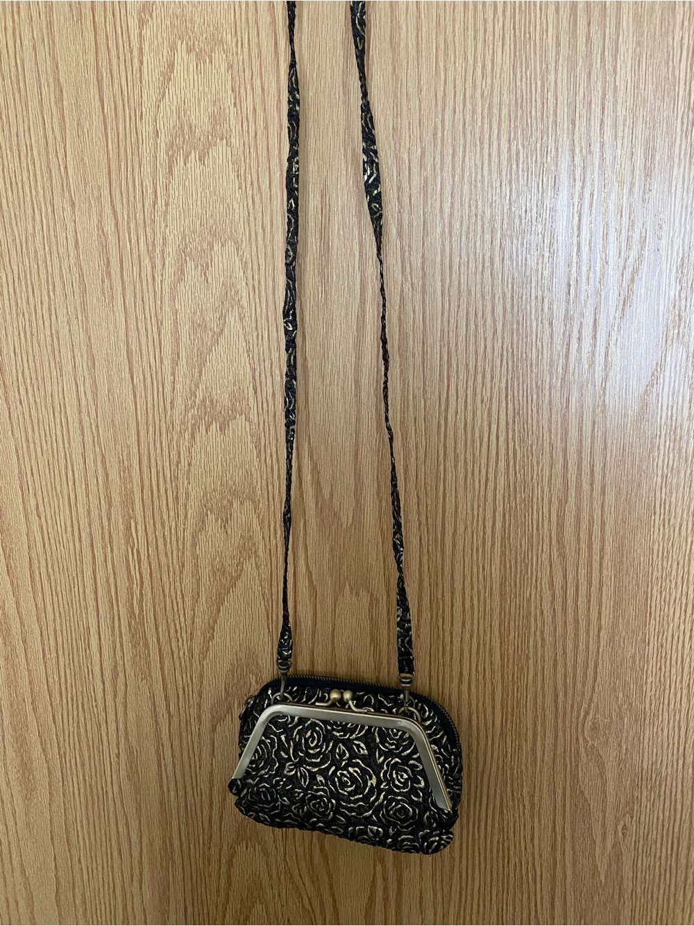 Kimchi Blue Black Fabric with Gold Floral Designs Framed-Clasp Crossbody Bag